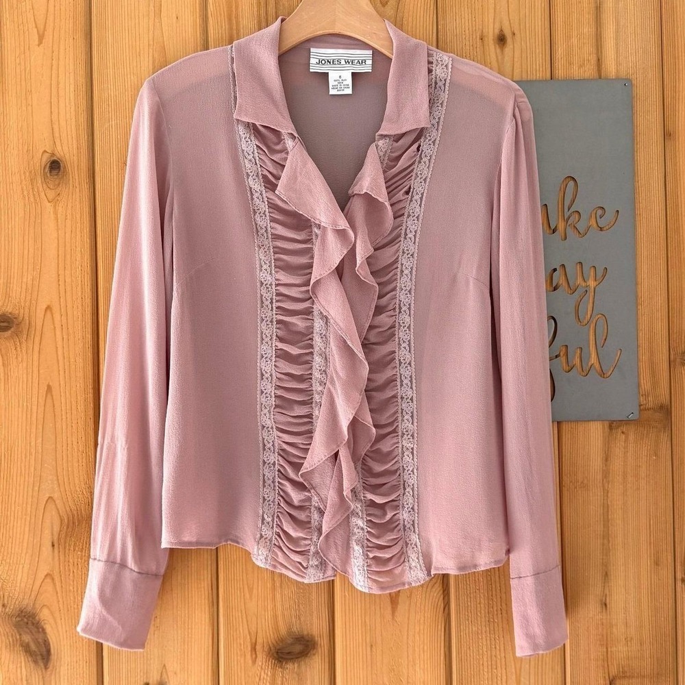 Jones Wear Silk Blouse Vintage Ruffle Lace Trim Top in Pink Size 6